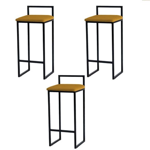 Kit 3 Banquetas Altas Estofadas Suede Pietra Base Preta:mostarda