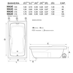 Banheira Retangular Macaé Completa com Hidro em Acrílico - 1.50x0.70x0.40 - 220v - 5