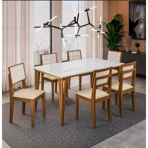 Mesa Jantar ( Madeira Maciça ) Dobue Safira com 6 Cadeiras 1,60x90cm - Imbuia/branco/bege