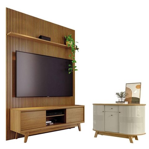 Estante Home Theater com Bancada Suspensa Milo Cumaru com Aparador para Sala Buffet Monza Cumaru