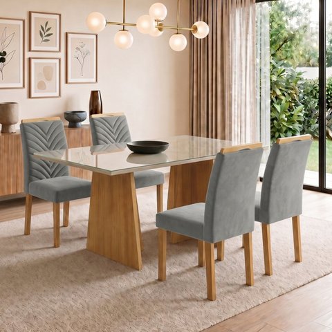 Conjunto Sala de Jantar 4 Lugares Retangular Tampo Vidro MDF 120x80cm Mesa Lyra e Cadeiras Carol