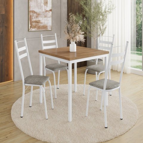 Conjunto Sala de Jantar Mesa Quadrada 90cm Tampo BP com 4 Cadeiras Adriana Branco/Grafiato/Demolição
