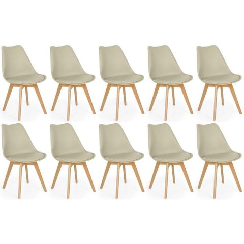 Conjunto 10 Cadeiras de Jantar Eames Wood Leda Design Estofada - Nude