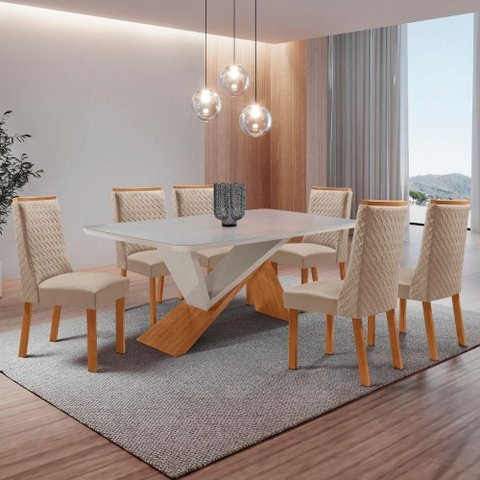 Conjunto de Jantar Yasmin 6 Lugares Tampo MDF Cadeiras Carolina Veludo Off White 180cm Moderna