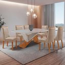 Ver imagem 1 de Conjunto de Jantar Yasmin 6 Lugares Tampo MDF Cadeiras Carolina Veludo Off White 180cm Moderna