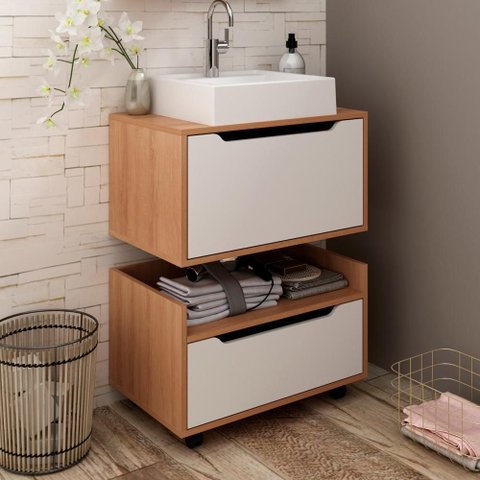 Conjunto Banheiro com 2 Balcões Amêndoa/branco - Tecno
