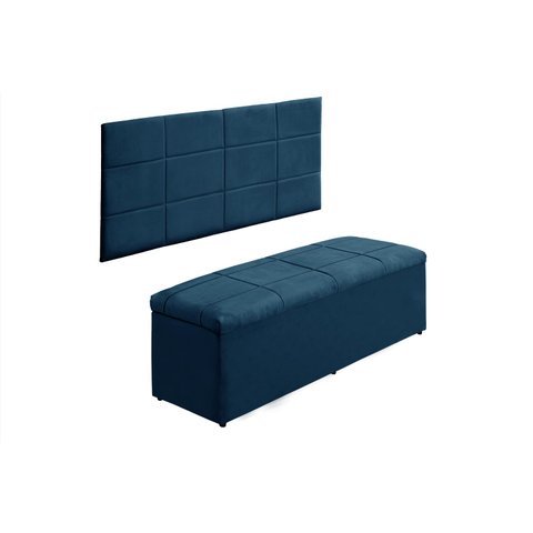 Kit Cabeceira e Calçadeira Raissa 138 cm Suede Azul Marinho