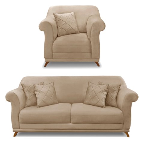 Kit Poltrona e Sofá Living 2 Lugares 1,80m Vênus Suede Bege Pés Castanho - Pallazio
