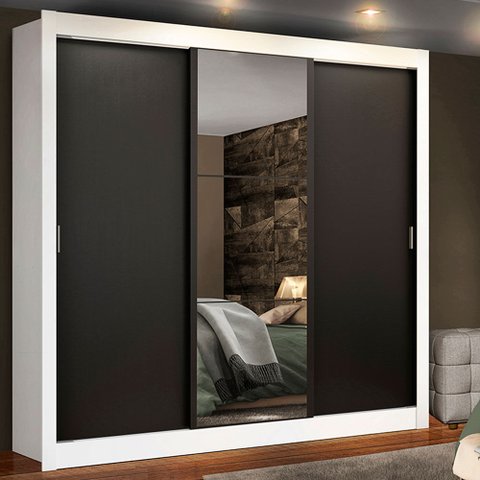 Guarda-Roupa Casal Madesa Lyon Plus 3 Portas de Correr com Espelho 4 Gavetas Branco/Preto Cor:Branco