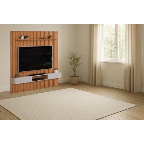 Rack Bancada C/ Painel P/ Tv Trento 250x240cm Freijo/off White - Dj Móveis