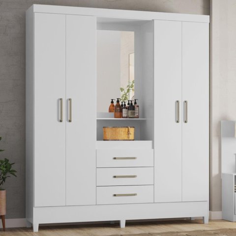 Guarda Roupa Casal 4 Portas com Espelho e 3 Gavetas Colombo - Branco/rosa/branco