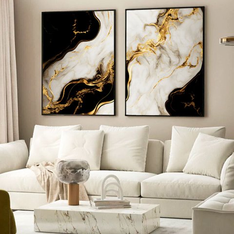 Kit Quadro Decorativo 2 Telas Mármore Elegante Luxo Preto e Dourado Tacolado Moldura Caixa 3cm Branc