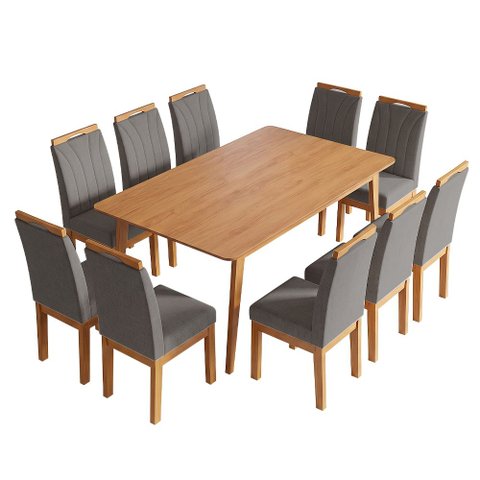 Conjunto Mesa 160x90 com 10 Cadeiras Blend Pés Madeira Maciça Sala Grande Premium - Cinza Escuro