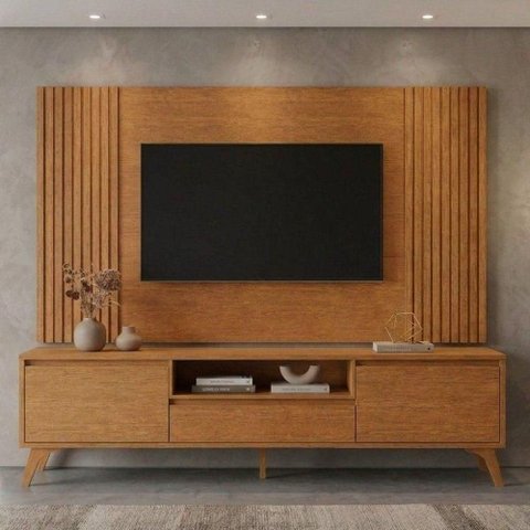 Conjunto Painel + Rack Vertex 237cm MDF Naturalle Mavaular