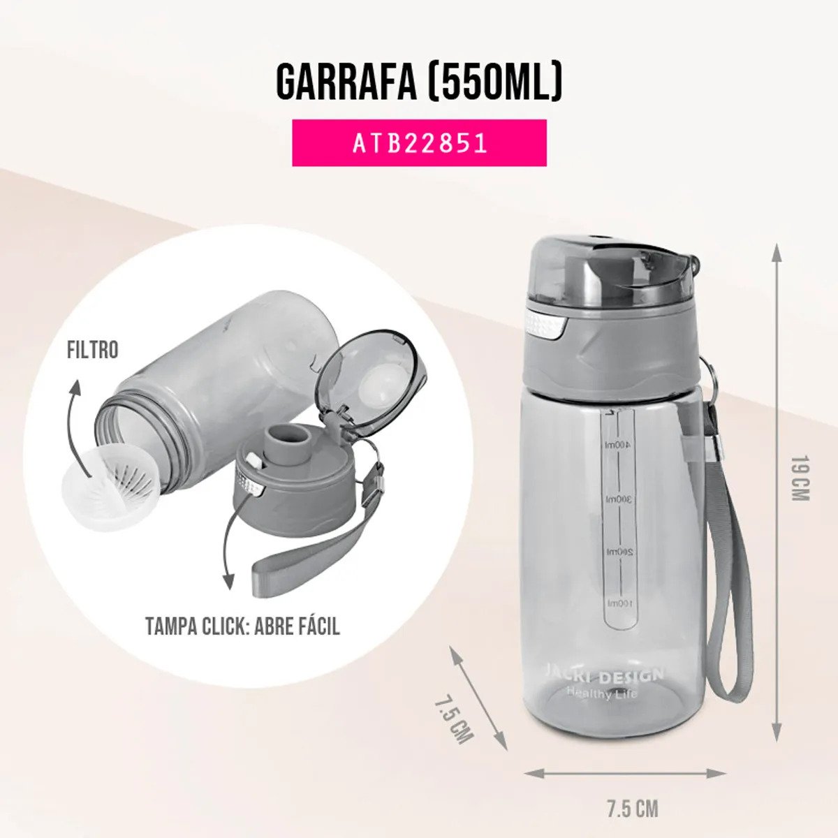 Garrafa Tipo Squeeze para 550ml Jacki Design Ref.22851:Cinza - 4