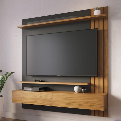 Painel para TV 65 pol com Bancada Suspensa 150cm Will C04 Noce Milano Preto Fosco - Lyam Decor