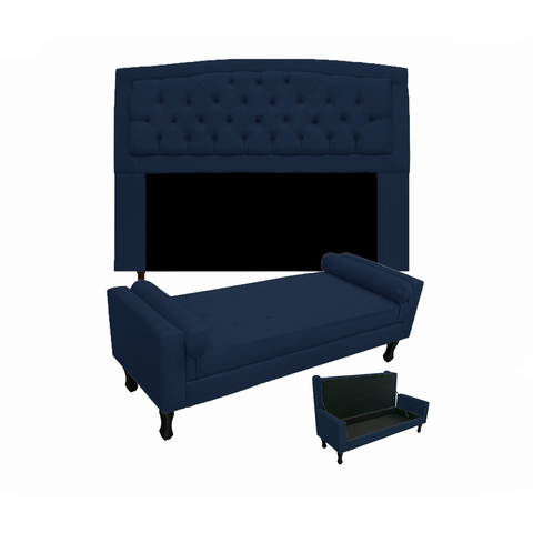 Jogo Cabeceira Geovana + Calçadeira Fênix Queen 160cm Suede Azul Marinho - LM DECOR
