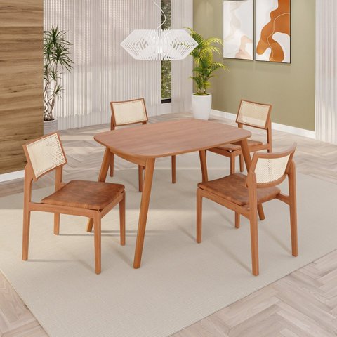 Sala de Jantar Mesa 110x76cm Tampo Laminado com 4 Cadeiras em Couríssimo Ceci Yescasa Marrom