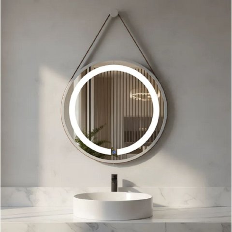 Espelho Redondo Adnet Iluminado Led com Alça 40cm Premium - Branco Alça Caramelo