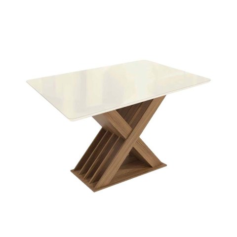 Mesa de Sala Jantar Graviola C/tampo Madeirado C/ Vidro 80x120cm Nogueira/off White/vidro Off White