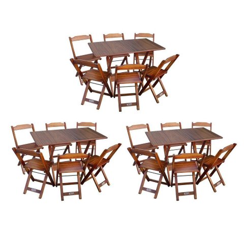 Kit 3 Conjuntos de Mesa Dobráveis de Madeira 70x110cm com 6 Cadeiras Imbuia - Cor: Marrom