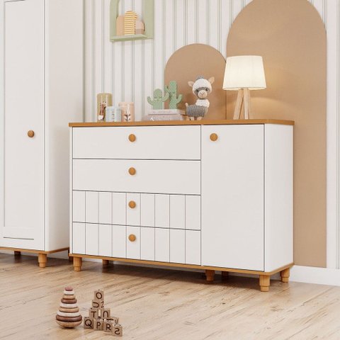 Cômoda de Bebê Cupcake 1 Porta 4 Gavetas 100% MDF Branco Acetinado/Nature - Permobili