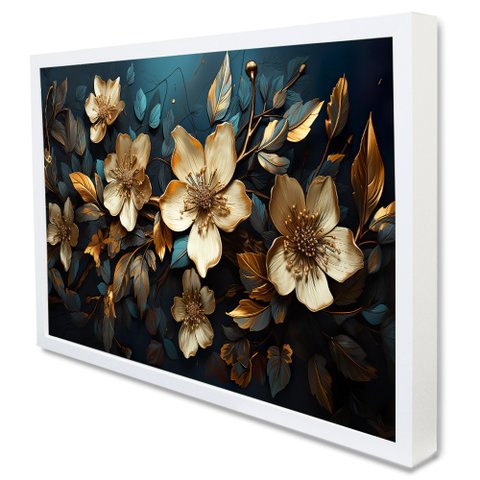 Quadro Decorativo Floral Luxo Azaléias Douradas em Moldura Caixa Tacolado Moldura Caixa 3cm Branca C