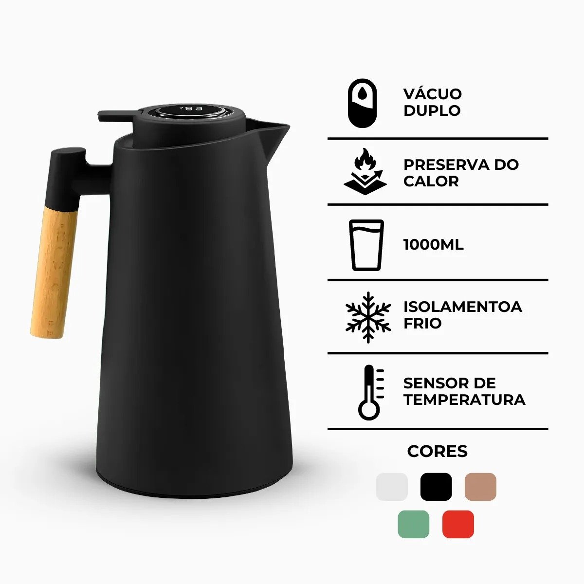 Garrafa Térmica com Termômetro 1l Cabo para Madeira Chá Café Cor:preto - 8