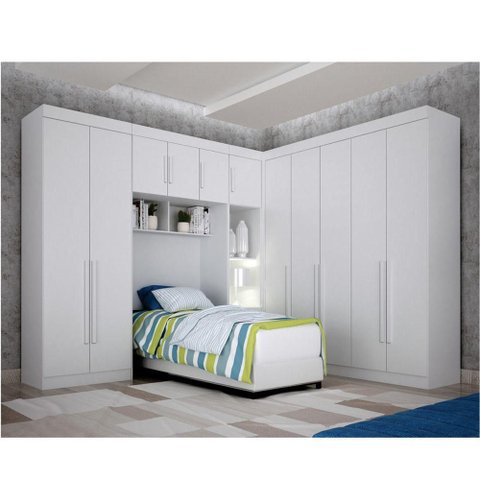 Módulo Completo Solteiro de Canto Áurea 11 Portas de Bater MDF Branco com Mesa de Cabeceira Arbo