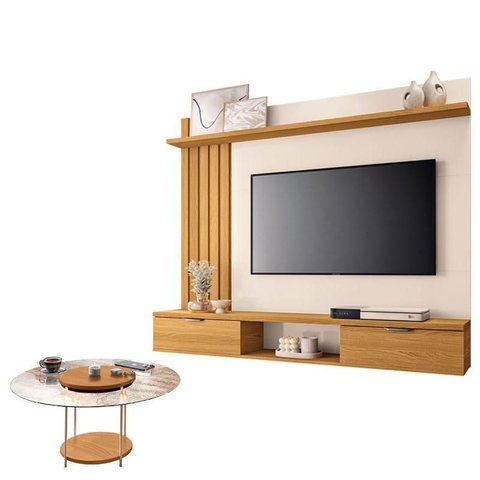 Painel para Tv Suspenso Lets e Mesa de Centro Sky com Tampo de Vidro Cinamomo Off White – Hb Móveis