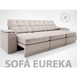 Sofá com Porta Copos e Carregador Usb Eureka 2,30m Assento Retrátil e Reclinável Velosuede Areia - 2