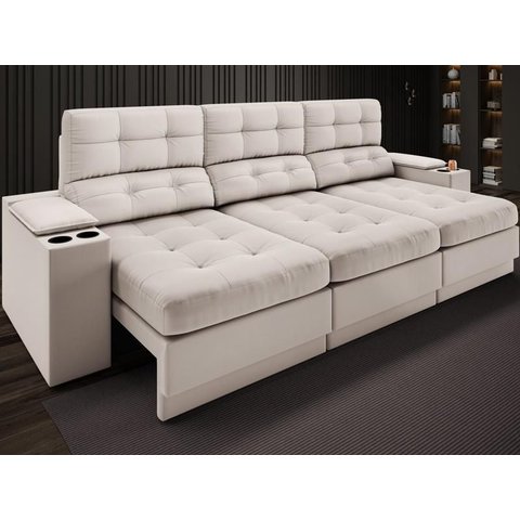 Sofá com Porta Copos e Carregador Usb Eureka 2,30m Assento Retrátil e Reclinável Velosuede Areia