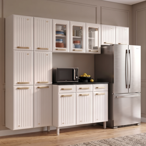 Cozinha Compacta 4 Peças 14 Portas 3 Gavetas 245cm com Vidro