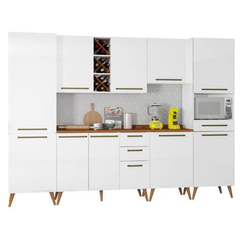 Armário De Cozinha Completa Com Adega 10 Portas 4 Gavetas Favorita Branco/Nature