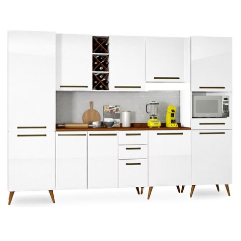 Armário de Cozinha Completa com Adega 10 Portas 4 Gavetas Favorita Branco/Nature