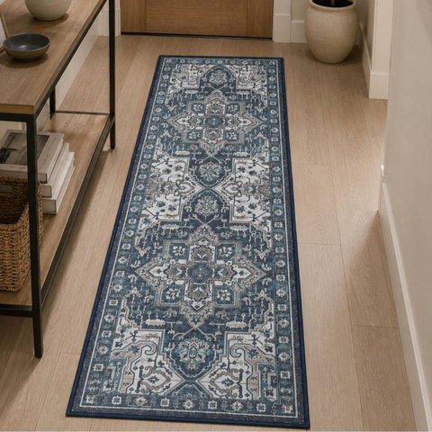 Passadeira Antiderrapante Corredor Persa Belga Classico Miro:01 Azul/0,60x1,80m