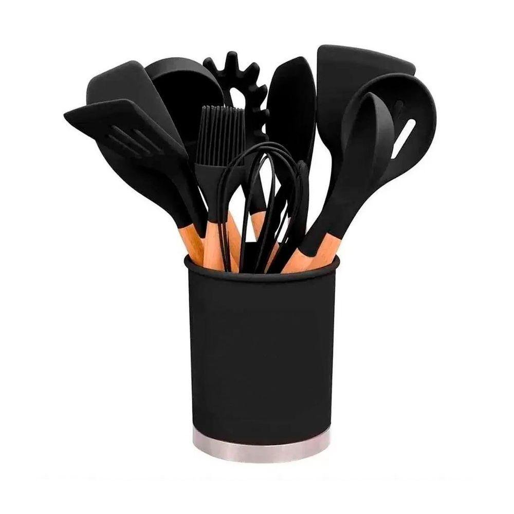 Kit 12 Utensílios de Cozinha Talheres Silicone Cabo Madeira - 1