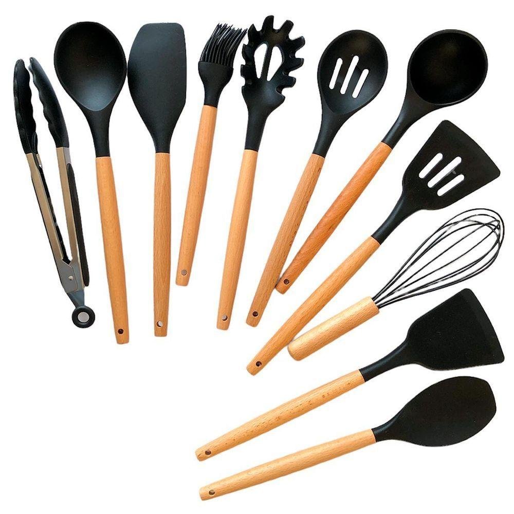Kit 12 Utensílios de Cozinha Talheres Silicone Cabo Madeira - 4