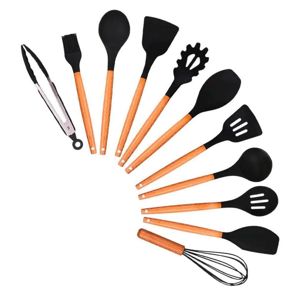 Kit 12 Utensílios de Cozinha Talheres Silicone Cabo Madeira - 3