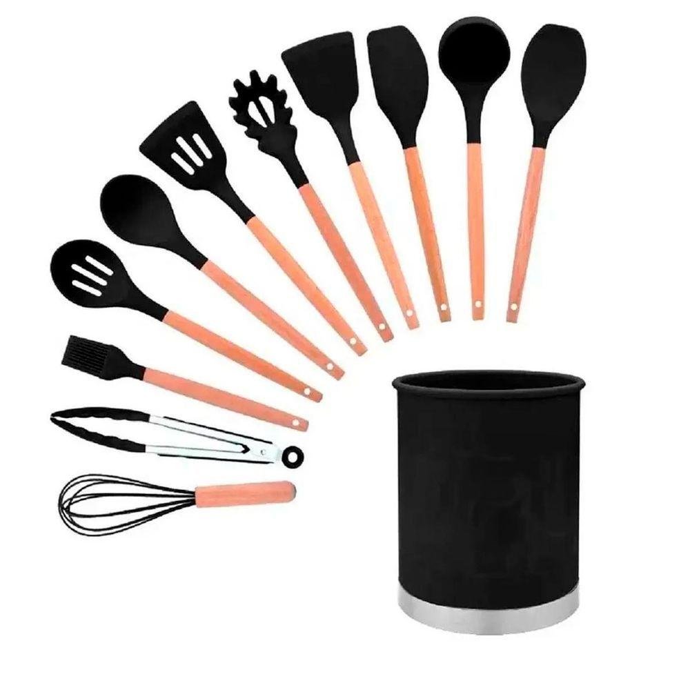 Kit 12 Utensílios de Cozinha Talheres Silicone Cabo Madeira - 2
