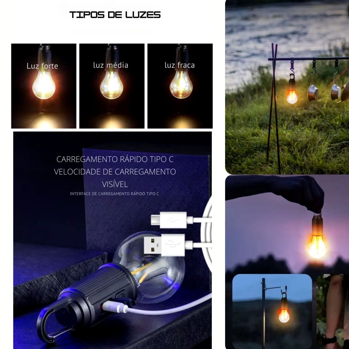 Lampada Led Recarregavel Usb Camping Casa 3 Modos Luz Quente - 2