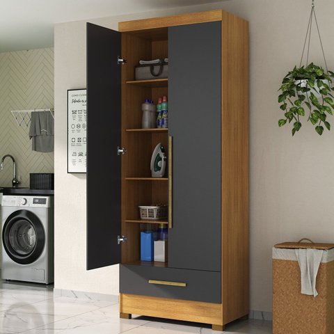Armário Multiuso 100% MDF 2 Portas 1 Gaveta Smart Espresso Móveis Cinza/Cinamomo/Chumbo