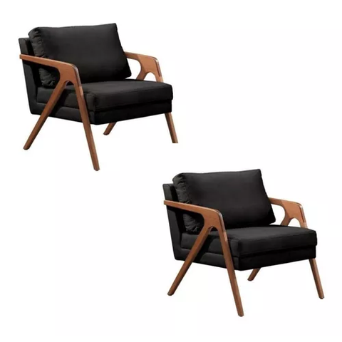 Kit 2 Poltronas Decorativa Mona Luxo Corino Preto e Base Madeira Maciça - Gustavo Decor