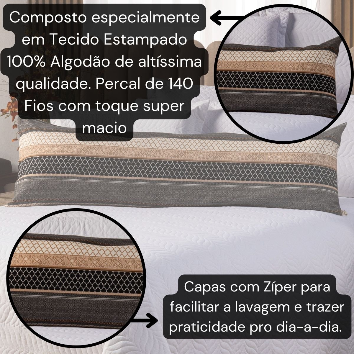 Capa Fronha de Xuxão Travesseiro de Corpo Estampada Avulsa 1,45m X 45cm - Percal 140 Fios 100% Algod - 3