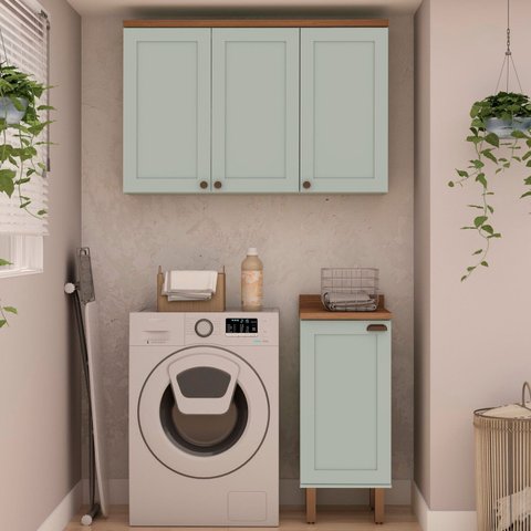 Kit Área de Serviço com 2 Módulos com Portas Provençais para Lavanderia 100% MDF Verde/Ébano/Mint