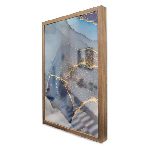 Quadro Decorativo Caixa Alta com Vidro Abstrato Mármore Azul Clean TaColado Moldura Madeira 90 x 60c