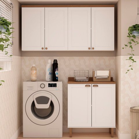 Kit Área de Serviço com 3 Módulos com Portas Provençais para Lavanderia 100% MDF Branco