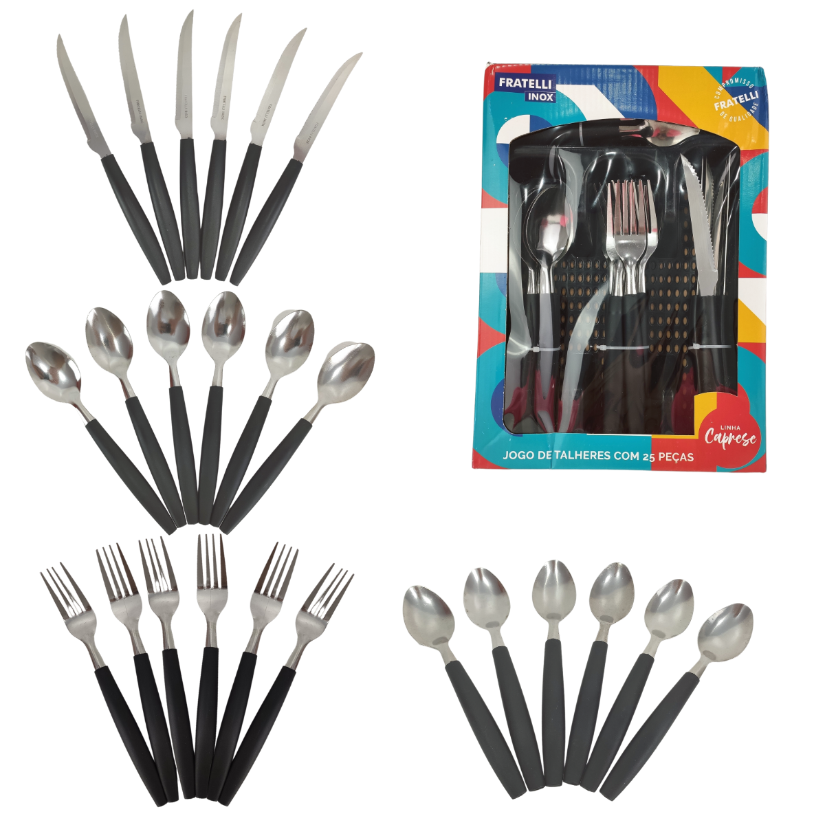 Faqueiro Jogo de Talheres 25 Peças Aço Inox Porta Talher Organizador Faca Colher Garfo Colher de Chá - 1