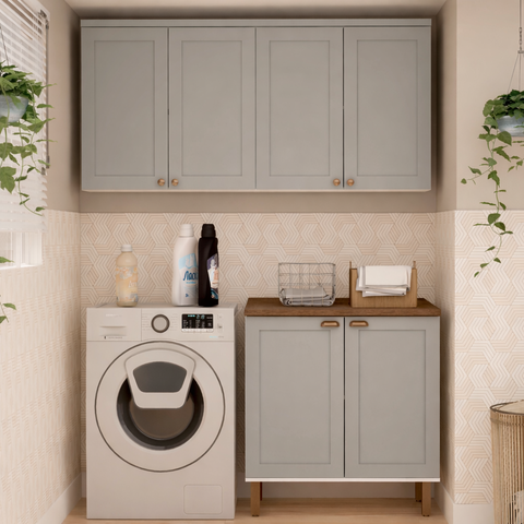 Kit Área de Serviço com 3 Módulos com Portas Provençais para Lavanderia 100% MDF Cinza/Branco Fendi