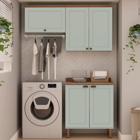 Kit Área de Serviço com 3 Módulos com Portas Provençais para Lavanderia 100% MDF Verde/Mint